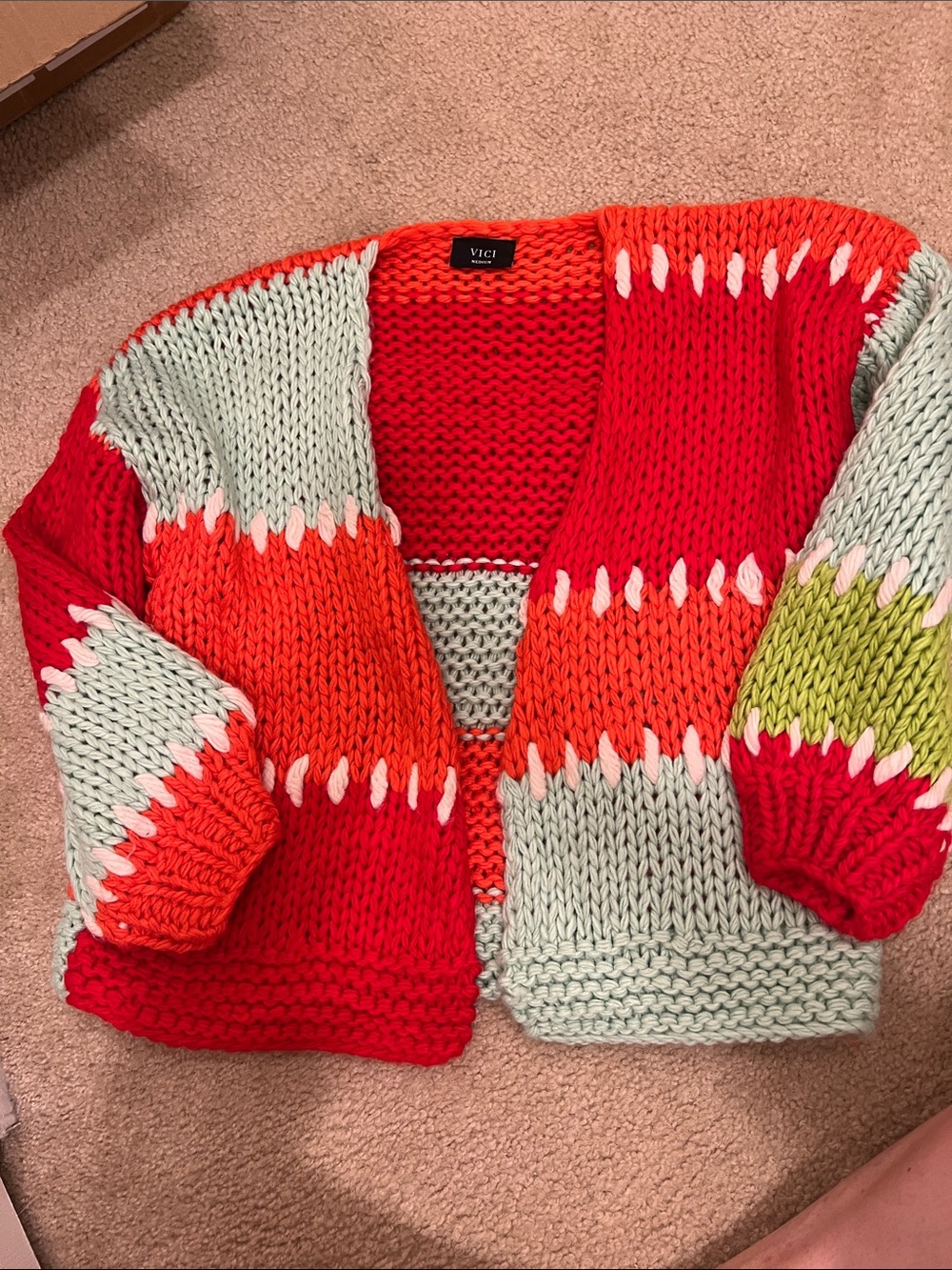 VICI Colorblock Open-Front Knit Cardigan - Red, Coral, Mint & Lime